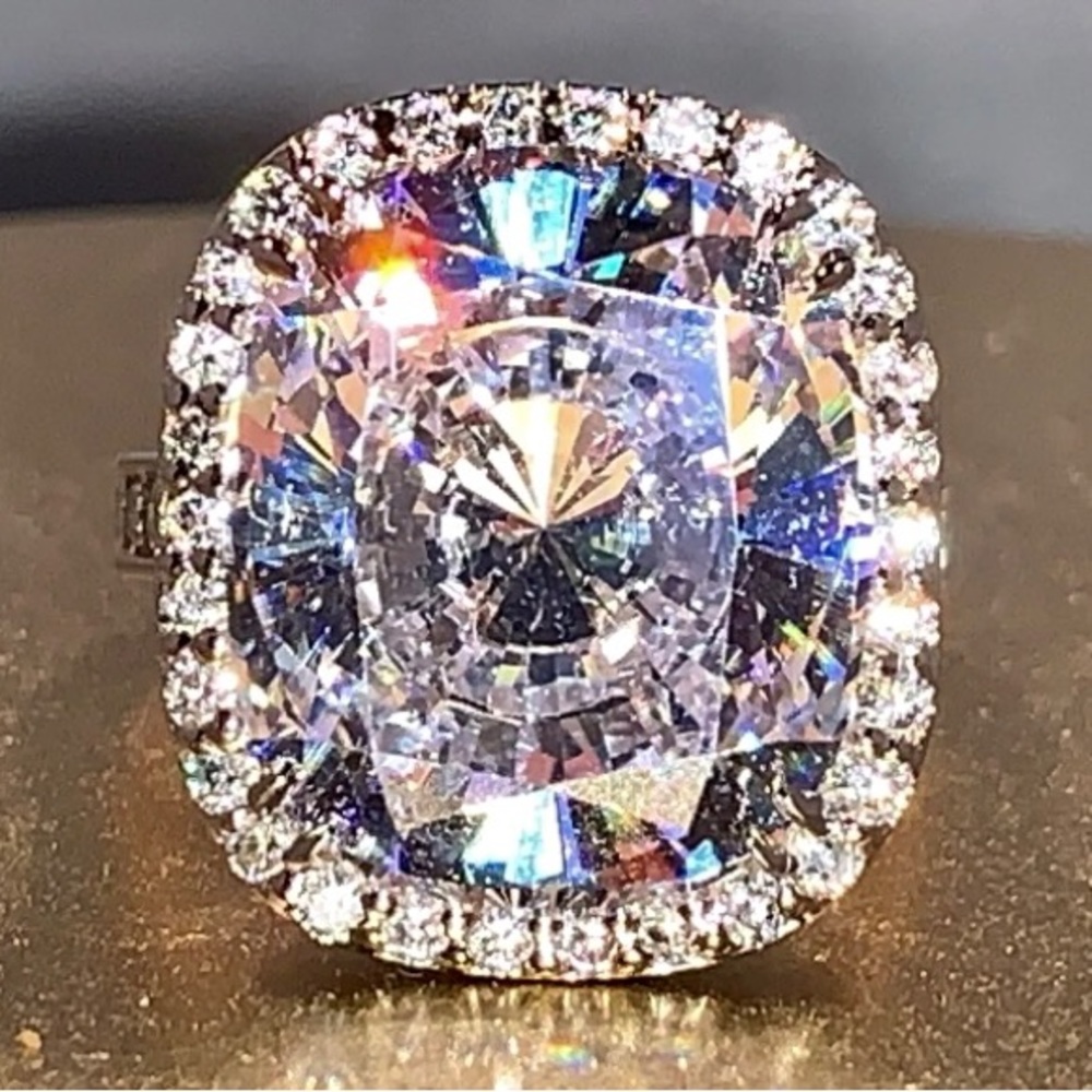 Fantasia CZ Ring w/Halo, 925 Sterling Silver, Cushion Cut 16mm X 13.5mm, Size 6